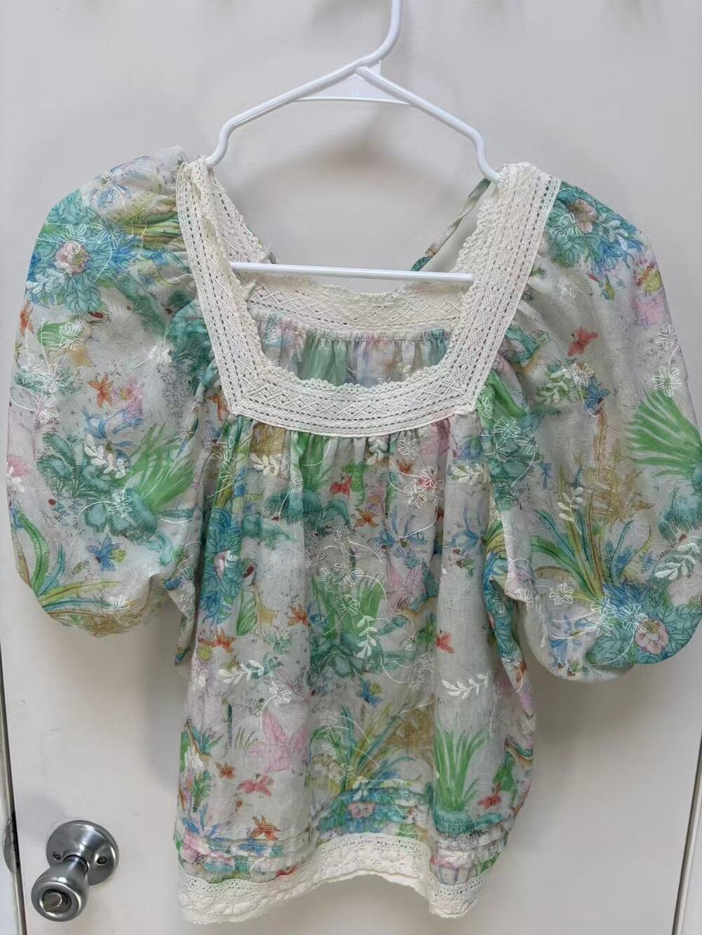 Floral Puff Sleeve Square Neck Blouse Lace Trim Sheer Botanical Cottage Top M